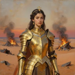 young dejah thoris on mars wearing detailed plate armor made of gold, portrait, after a smoky battle, gold jewelry, elegant small tiara, sand dunes to the horizon, burning wrecks, fantasy, painterly, sunset, oil painting on canvas, by sargent and wlop