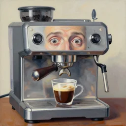 a painting of a humanoid espresso machine contorted into a human face, two eyes, a nose, that makes coffee from human souls