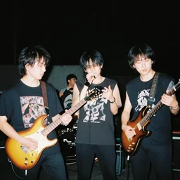 ruan jia painting of an anime metal band photo, direct flash photography at night, film grain