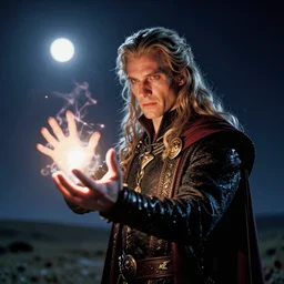 closeup of a very very good looking detailed fantasy sorcerer wearing amazing clothes holding out their hand to summon magical energy dramatically on an empty moonlit hill, dramatic lighting, lens flare, 3 5 mm f 1. 4, professional photography, kodak ektar