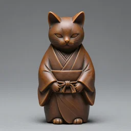 elegant seductive anthropomorphic cat figurine wearing a kimono, hand carved brown resin, robe toggles, very highly detailed, petite intricate, monotone, shy looking down
