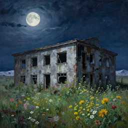 a fantastic realism painting of an abandoned building in the nuclear apocalypse overgrowing wildflowers under arctic moonlight by zdzislaw beksinkski by tim hildebrandt by takashi murakami