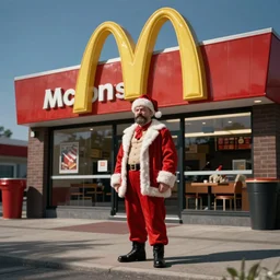 stalin standing outside mcdonalds, dressed as santa clause, historical photo