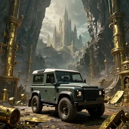 Land Rover Defender 110 (1985), The Elder Scrolls V: Skyrim, Markarth, Inside a city embedded into the mountain cliffs the Understone Keep is seen in the distance, The Reach, ancient brass dwemer ruins, brass debris, brass and steam technology, an epic fantasy, dramatic lighting, cinematic, establishing shot, extremely high detail, photorealistic, cinematic lighting, artstation, by simon stalenhag