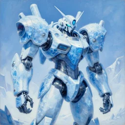 an intricate oil painting of a giant pristine icey blue metal anime humanoid mecha with rounded components by simon stalenhag, icey tundra background