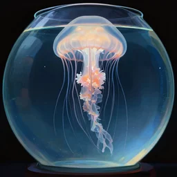 low angle shot of a jellyfish in a fish bowl by clive barker, intricate, elegant, highly detailed, centered, digital painting, artstation, concept art, smooth, sharp focus, illustration, artgerm, Tomasz Alen Kopera, Peter Mohrbacher donato giancola, Joseph Christian Leyendecker, WLOP, Boris Vallejo.