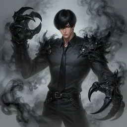 a highly detailed illustration of attractive korean man with bowl cut black hair wearing shirt and tie with giant black mist claws, wielding giant black mist claws pose, tired expression, foggy black mist surrounding background, intricate, elegant, highly detailed, centered, digital painting, artstation, concept art, smooth, sharp focus, league of legends concept art, wlop.