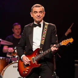 mr bean on stage playing in a punk band, photograph