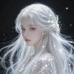 beautiful glowing sparkling shimmering ethereal white hair submerged in stars flowing like wind fantasy art portrait, elegant hair, complex design hair, ultra realistic, wide angle, intricate details, fantasy artifacts, highly detailed by peter mohrbacher, hajime sorayama, wayne barlowe, boris vallejo, aaron horkey, gaston bussiere, craig mullins