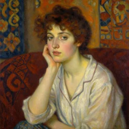 portrait in femininity, thoughtful face, warm glow, cozy room bathed in light, captured memory, recollection, impressionism, woven textiles, radiosity, pj crook, alphonse mucha, livia prima, artgerm, greg rutkowski, nick alm, casey baugh, deep color, oil on canvas