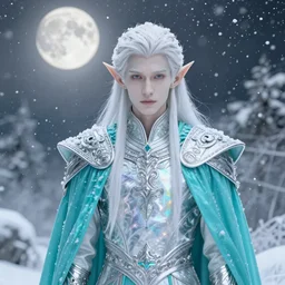 handsome pointy - eared male snow elf in a turquoise cape and silver ornate armour, albino skin, androgynous face, mid - shot, moonlight snowing, ethereal opalescent mist, winter vibes, perfect face, elegant, very coherent symmetrical artwork, by greg rutkowski, alphonse mucha, charlie bowater, trending on artstation