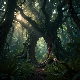 horrific portal to hades embedded in a creepy tree in a densely overgrown, horrific, magical jungle, fantasy, dreamlike sunraise, ultra realistic, atmospheric, stopped in time, epic