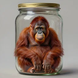 a tiny realistic proportioned orangutan sitting down inside a jar. beautiful detailed painting by artgerm and magali villanueve and michael whelan