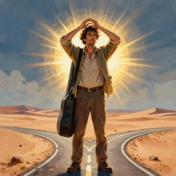 centered detailed portrait, man with a guitar case at a desert crossroads, art by jean giraud and moebius, volumetric, realistic, expressive emotions, illustration