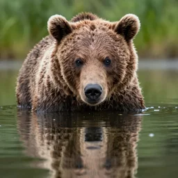 a brown bears sees it's reflection in the lake ( eos 5 ds r, iso 1 0 0, f / 8, 1 / 1 2 5, 8 4 mm, postprocessed,, crisp face, facial features )