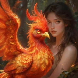 cute phoenix bird and woman chimaera inside a forest, sparkling eyes, embers in her eyes, shining eyes, sharp features, big flowing fiery feathers, highly detailed, digital painting, artstation, concept art, smooth, sharp focus, beautiful feathers, expressive eyes, illustration, art by artgerm and greg rutkowski and alphonse mucha