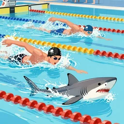 a professional drawing of a swimming race between a man (swimming freestyle) and a shark (his head emerging from the water) in an Olympic swimming pool, the race is close