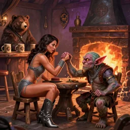 kate beckinsale in chainmail bikini arm wrestling with goblin, sit in fantasy tavern near fireplace, behind bar deck with bear mugs, medieval dnd, colorfull digital fantasy art, 4k
