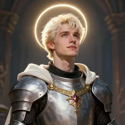 Portrait of a young Aasimar man wearing a holy knight's garb with short platinum blonde hair a kind face a halo of light and a distantly hopeful expression, cinematic lighting, detailed, beautiful, illustration by Greg Rutkowski, Andrei Riabovitchev Jean Giraud Tom Anders Zorn, Edward Hopper and Ilya Kushinov, Frederick Bacon, Tom Anders Zorn, John Collier, Vladimir Abat-Cherkasov