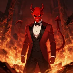 a male red Devil wear a tuxedo in hell,Landscape, fire ,environment, Artstation