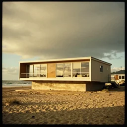 architecture ad for a small mid-century modern house on the beach, designed by Frank Gehry. Film grain, cinematic, yellow hue