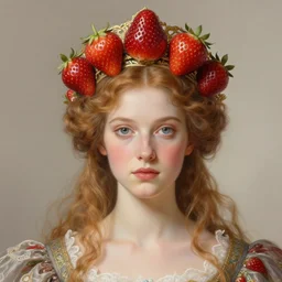portrait of the queen of thornes wearing a crown of strawberries, intricate, elegant, highly detailed, ray tracing, digital painting, artstation, concept art, smooth, sharp focus, illustration, art by artgerm and greg rutkowski and alphonse mucha, 8 k