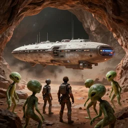 mars occupied by humans. humans just arrived on they ship. first ship just arrived. aliens hide in the cave and watch the human. aliens are angry. 3 d, ultrarealistic, 8 k, cg, ue 5