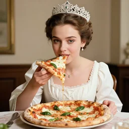 a historical photo of young beautiful queen margherita of italy, eating a pizza margherita with her hands, intricate detailed tiara, pearl necklace, black and white photo, smooth lighting, masterpiece, perfect symmetry