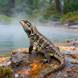 highly detailed photograph of a lizard sitting in a steaming colorful hotspring with woodland forest backdrop, featured on artstation