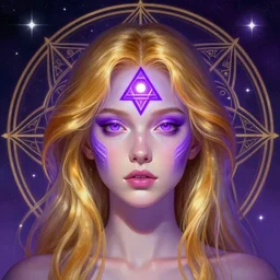centered psychedelic colorful head and shoulders portrait of a girl with glowing purple third eye chakra and golden hair, geometric third eye triangle, sci - fi face, sacred geometric mandal background, breathtaking stars, elegant, highly detailed, digital painting, artstation, concept art, smooth, sharp focus, illustration, art by artgerm and greg rutkowski and alphonse mucha,