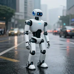 robot on the road, city, photo, rain,