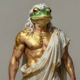 painted portrait of ruggedly handsome man with frog head, [ [ gold paint smeared on torso ] ] greek god by greg rutkowski craig mullins artgerm white hair muscular masculine manly mature flowing robe greek motifs fantasy intricate elegant detailed digital painting concept art artstation sharp focus illustration
