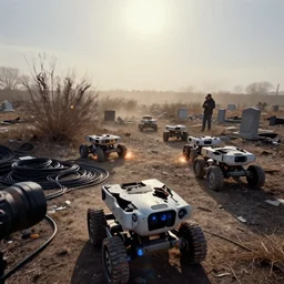 a first person view of few broken boston dynamics wheeled robots, in a scrap yards of robots, electric sparks, cemetery, dried up bushes, polluted land, cables stacked on the ground, dust bowl, heat haze mirage, blinding sun, dust storm in the horizon, reporter, live footage, canon lens, close - up, depth of field, ektachrome color photo
