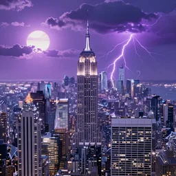 a futuristic photo - realistic new york city in shiny crystalline, octane render, clouds : 5, violet sun : 9, purple lightening : 1 2, in the style of sahm : 2 8 hd, ultra - realistic, hyper - realistic, digital art,