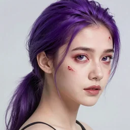 portrait of a female, purple pony tail, scars, red tears, beautiful, stunning, detailed, by artgerm, by greg rutkowski, by luis royo, by pixar, by myazaki, gothic, final fantasy, fantasy, medieval