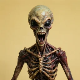 humanoid with crooked teeth, two shallow black eyes, long open black mouth, alien looking, big forehead, horrifying, killer, creepy, photo turning slightly yellow, long open black mouth, dead, looking straight forward, realistic, slightly red, long neck, boney, monster, tall, skinny, skullish, deathly, in the style of alfred kubin