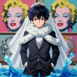 rimuru tempest melting into blue slime, fan art, tensei shitara slime datta ken, cute, highly detailed, professional digital painting, concept art, extreme illustration, unreal engine 5, photorealism, hd quality, 8 k, bridegroom suit, fur scarf, cinematic, art by andy warhol, yoshitaka amano