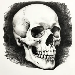 a Skull surrounder by darkness, ink on paper, crosshatch shading