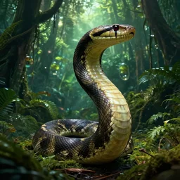 a massive anaconda snake appearing from the deep exotic jungle, dramatic lighting, cinematic, establishing shot, extremly high detail, foto realistic, pirates of the carribean, cinematic lighting, post processed, concept art, artstation, matte painting, style by eddie mendoza, raphael lacoste, alex ross