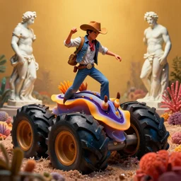 a cowboy turning into blooms by slim aarons, by zhang kechun, by lynda benglis. tropical sea slugs, angular sharp tractor tires. complementary bold colors. warm soft volumetric dramatic light. national geographic. 8 k, rendered in octane, smooth gradients. by antonio canova by gian lorenzo bernini.