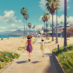 a film still of a sunny, windy and colourful beach scene in santa monica, los angelos, narrow shot, low depth of field, wes anderson, studio ghibli, pixar and disney animation, sharp, rendered in unreal engine 5, anime key art by greg rutkowski, bloom, dramatic lighting