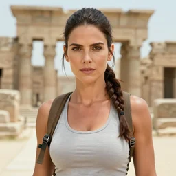 face portrait of concentrated young Sandra Bullock as muscled Lara Croft stepping out epic ancient ruins directly looking into the camera, sun beams, intricate, elegant, highly detailed, centered, crispy sharp digital painting, artstation, concept art, smooth, sharp focus, illustration, Allan Lee, John Howe
