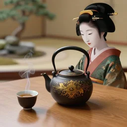 ceremony of tea, a geisha, old traditional japanese tea pot, two smoky cup of tea on a wood table, smooth lightings, japanese zen garden detailed background, micro details, ( ( ( ( intricate ) gold details ) ) ), photorealism, crisp, hasselblad camera, by annie leibovitz and moebius