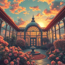 a beautiful very detailed highly detailed building sunroom by marina tabassum, lake tokyo synthwave postcyberpunk cosmic sunset infrared cyberpunk flowers, archdaily, wallpaper, highly detailed, trending on artstation.