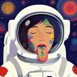 a colorful vibrant closeup portrait of a simple astronaut licking a tab of LSD acid on his tongue and dreaming psychedelic hallucinations, by kawase hasui, moebius, Edward Hopper and James Gilleard, Zdzislaw Beksinski, Steven Outram colorful flat surreal design, hd, 8k, artstation