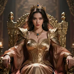 portrait of a fierce beautiful young asian queen with medium length hair, sitting on her throne, digital art by ross tran, highly detailed, intricate, hyperrealism, dynamic lighting