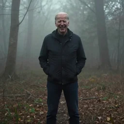 low quality iphone photo of joe biden standing ominously deep in the foggy woods with a demonic smile in his face and his hands behind his back, low visibility creepy, grainy, trail cam footage