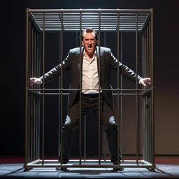 a cagey nicholas cage caged in a cage on stage and enraged