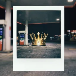 creepy crown in a gas station at night, polaroid, 8 0 s, found footage, disposable film, 3 5 mm, analog