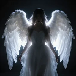 an angel shrouded in darkness with it's wings glowing a heavenly white